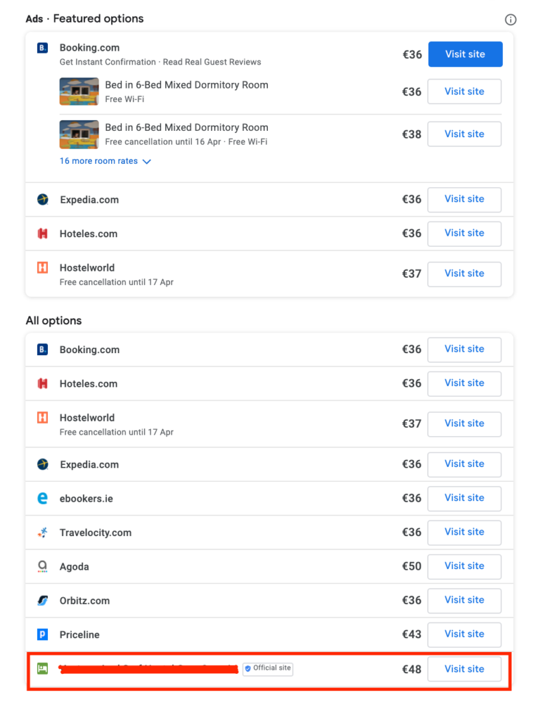 free booking links in the hotel search result on Google