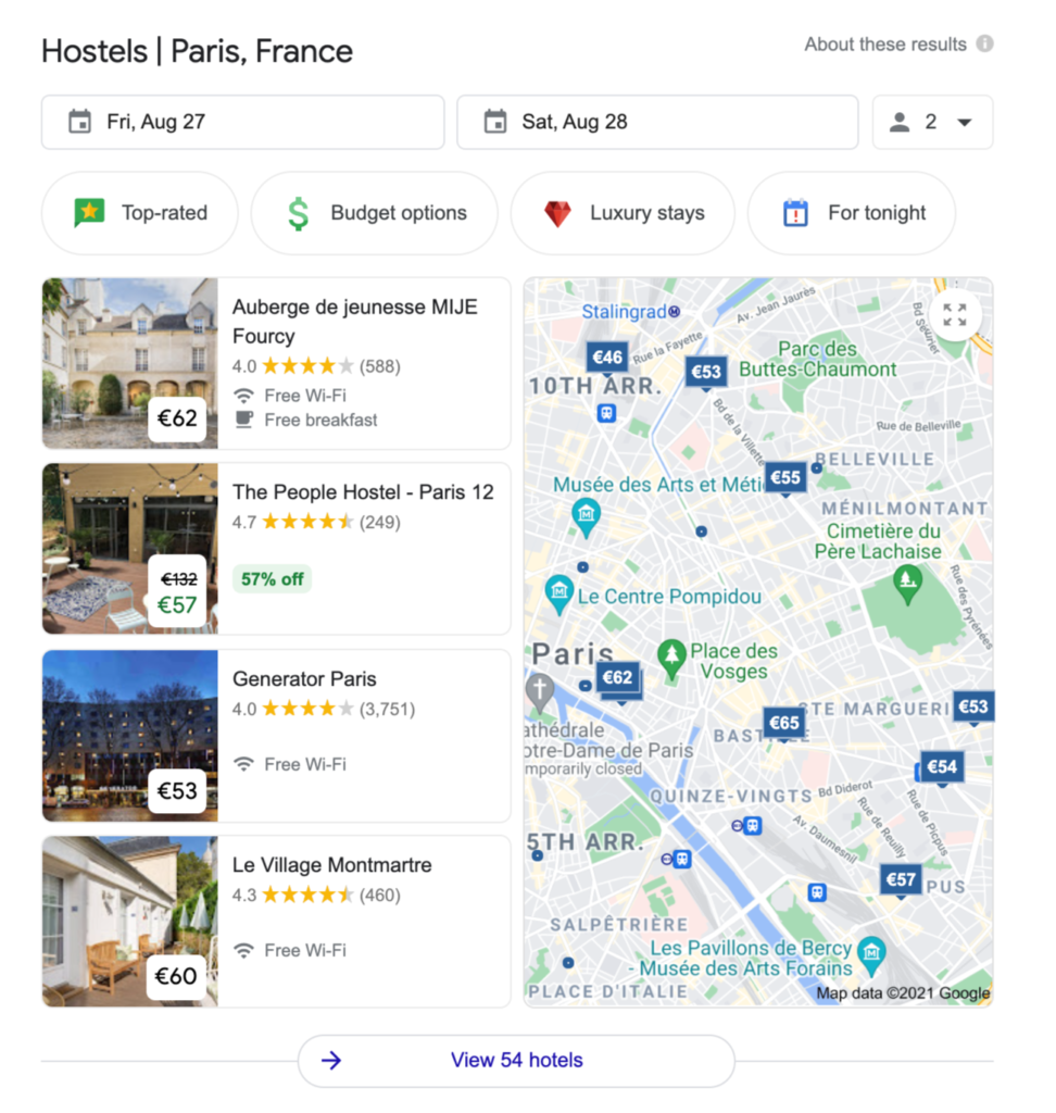 example of the search result of hostel in Paris on Google